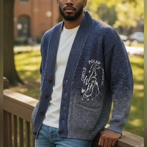 Vintage Men's Penguin Graphic Wool Blend Cardigan Antarctic Circle Design Cozy